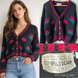 Vintage 90s button front Cardigan Vibrant Pink Floral Design cotton black Large